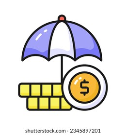Monedas en dólares bajo el paraguas, un concepto de icono de seguro financiero al estilo moderno