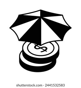 Dollar coins under umbrella, a concept of financial insurance icon in modern isometric style