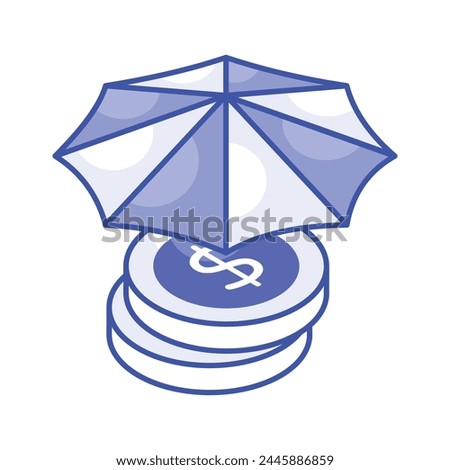 Dollar coins under umbrella, a concept of financial insurance icon in modern isometric style