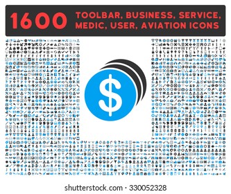 Dollar Coins vector icon and 1600 other business, service tools, medical care, software toolbar, web interface pictograms. Style is bicolor flat symbols, blue and gray colors, rounded angles, white