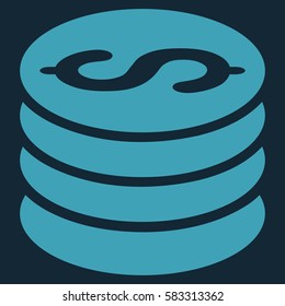 Dollar Coins vector icon. Illustration style is a flat iconic blue symbol on dark blue background.