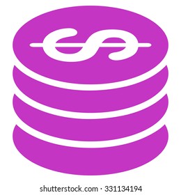 Dollar Coins vector icon. Style is flat violet symbol, rounded angles, white background.