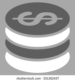 Dollar Coins vector icon. Style is flat bicolor dark gray and white symbol, rounded angles, silver background.