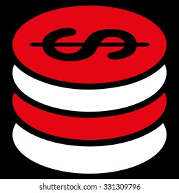 Dollar Coins vector icon. Style is flat bicolor red and white symbol, rounded angles, black background.