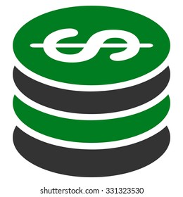 Dollar Coins vector icon. Style is flat bicolor green and gray symbol, rounded angles, white background.