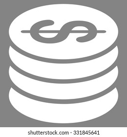 Dollar Coins vector icon. Style is flat white symbol, rounded angles, gray background.