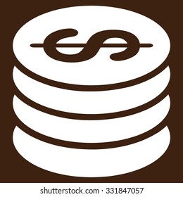Dollar Coins vector icon. Style is flat white symbol, rounded angles, brown background.