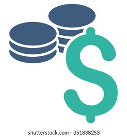Dollar Coins vector icon. Style is bicolor flat symbol, cobalt and cyan colors, rounded angles, white background.