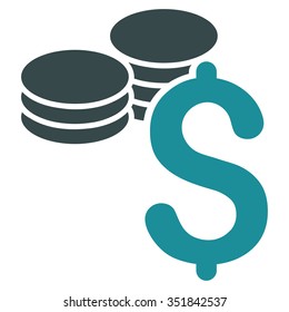 Dollar Coins vector icon. Style is bicolor flat symbol, soft blue colors, rounded angles, white background.