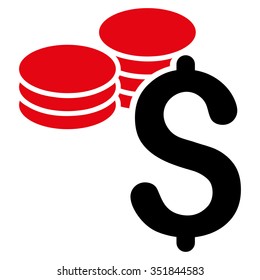 Dollar Coins vector icon. Style is bicolor flat symbol, intensive red and black colors, rounded angles, white background.