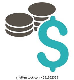 Dollar Coins vector icon. Style is bicolor flat symbol, grey and cyan colors, rounded angles, white background.