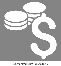 Dollar Coins vector icon. Style is flat symbol, white color, rounded angles, gray background.