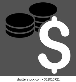 Dollar Coins vector icon. Style is bicolor flat symbol, black and white colors, rounded angles, gray background.