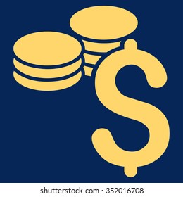 Dollar Coins vector icon. Style is flat symbol, yellow color, rounded angles, blue background.