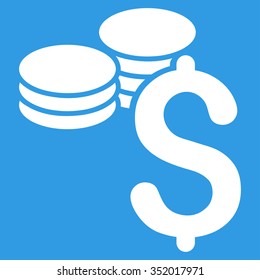Dollar Coins vector icon. Style is flat symbol, white color, rounded angles, blue background.