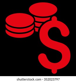 Dollar Coins vector icon. Style is flat symbol, red color, rounded angles, black background.