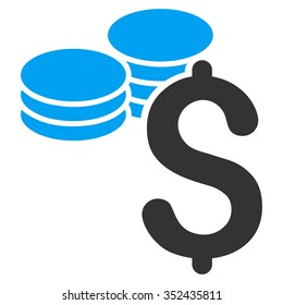 Dollar Coins vector icon. Style is bicolor flat symbol, blue and gray colors, rounded angles, white background.