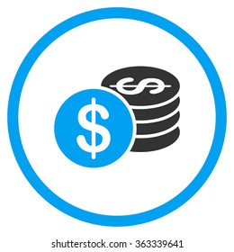 Dollar Coins vector icon. Style is bicolor flat circled symbol, blue and gray colors, rounded angles, white background.