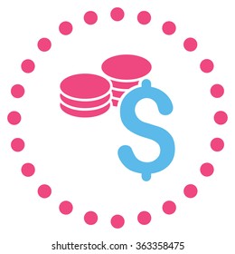 Dollar Coins vector icon. Style is bicolor flat circled symbol, pink and blue colors, rounded angles, white background.