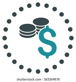 Dollar Coins vector icon. Style is bicolor flat circled symbol, soft blue colors, rounded angles, white background.