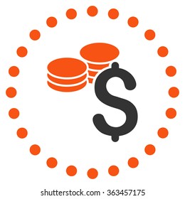Dollar Coins vector icon. Style is bicolor flat circled symbol, orange and gray colors, rounded angles, white background.