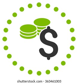 Dollar Coins vector icon. Style is bicolor flat circled symbol, eco green and gray colors, rounded angles, white background.