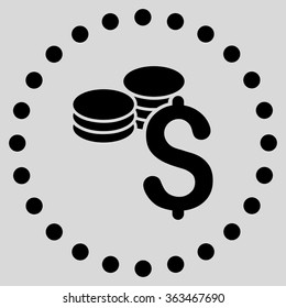 Dollar Coins vector icon. Style is flat circled symbol, black color, rounded angles, light gray background.