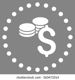 Dollar Coins vector icon. Style is flat circled symbol, white color, rounded angles, gray background.