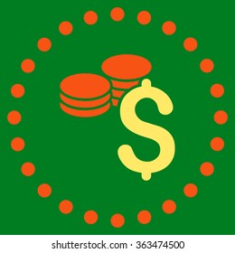 Dollar Coins vector icon. Style is bicolor flat circled symbol, orange and yellow colors, rounded angles, green background.