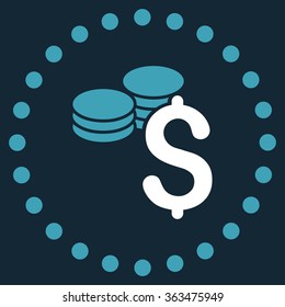 Dollar Coins vector icon. Style is bicolor flat circled symbol, blue and white colors, rounded angles, dark blue background.