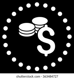 Dollar Coins vector icon. Style is flat circled symbol, white color, rounded angles, black background.