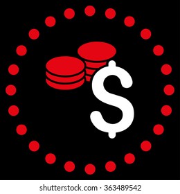 Dollar Coins vector icon. Style is bicolor flat circled symbol, red and white colors, rounded angles, black background.