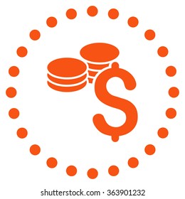 Dollar Coins vector icon. Style is flat circled symbol, orange color, rounded angles, white background.