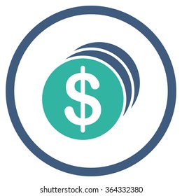 Dollar Coins vector icon. Style is bicolor flat circled symbol, cobalt and cyan colors, rounded angles, white background.