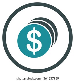 Dollar Coins vector icon. Style is bicolor flat circled symbol, soft blue colors, rounded angles, white background.