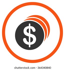 Dollar Coins vector icon. Style is bicolor flat circled symbol, orange and gray colors, rounded angles, white background.