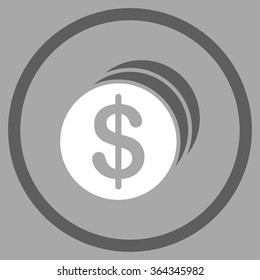 Dollar Coins vector icon. Style is bicolor flat circled symbol, dark gray and white colors, rounded angles, silver background.