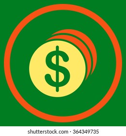 Dollar Coins vector icon. Style is bicolor flat circled symbol, orange and yellow colors, rounded angles, green background.