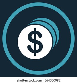 Dollar Coins vector icon. Style is bicolor flat circled symbol, blue and white colors, rounded angles, dark blue background.