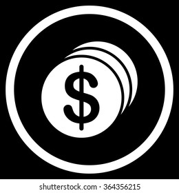 Dollar Coins vector icon. Style is flat circled symbol, white color, rounded angles, black background.