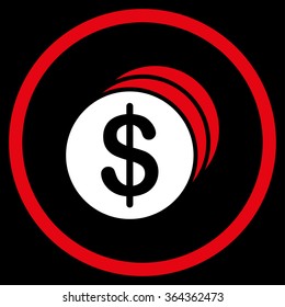 Dollar Coins vector icon. Style is bicolor flat circled symbol, red and white colors, rounded angles, black background.