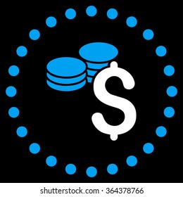 Dollar Coins vector icon. Style is bicolor flat circled symbol, blue and white colors, rounded angles, black background.