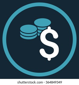 Dollar Coins vector icon. Style is bicolor flat circled symbol, blue and white colors, rounded angles, dark blue background.