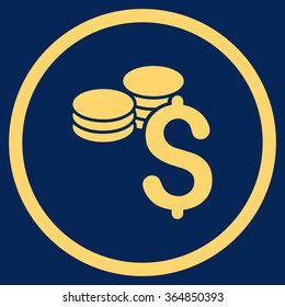 Dollar Coins vector icon. Style is flat circled symbol, yellow color, rounded angles, blue background.