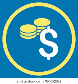 Dollar Coins vector icon. Style is bicolor flat circled symbol, yellow and white colors, rounded angles, blue background.