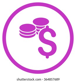 Dollar Coins vector icon. Style is flat circled symbol, violet color, rounded angles, white background.