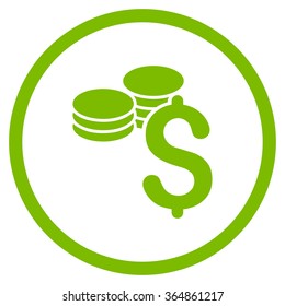 Dollar Coins vector icon. Style is flat circled symbol, eco green color, rounded angles, white background.