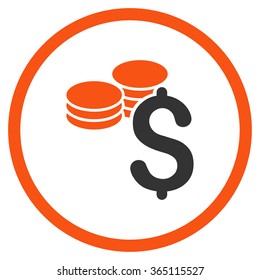 Dollar Coins vector icon. Style is bicolor flat circled symbol, orange and gray colors, rounded angles, white background.
