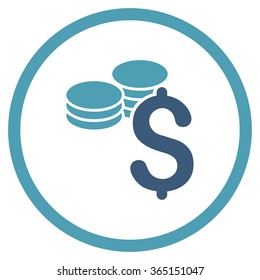 Dollar Coins vector icon. Style is bicolor flat circled symbol, cyan and blue colors, rounded angles, white background.