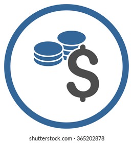 Dollar Coins vector icon. Style is bicolor flat circled symbol, cobalt and gray colors, rounded angles, white background.
